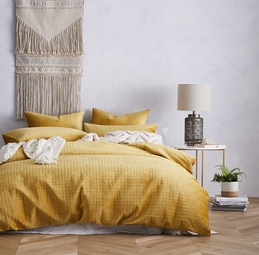 Luna Quilted Velvet Quilt Cover Mustard Adairs