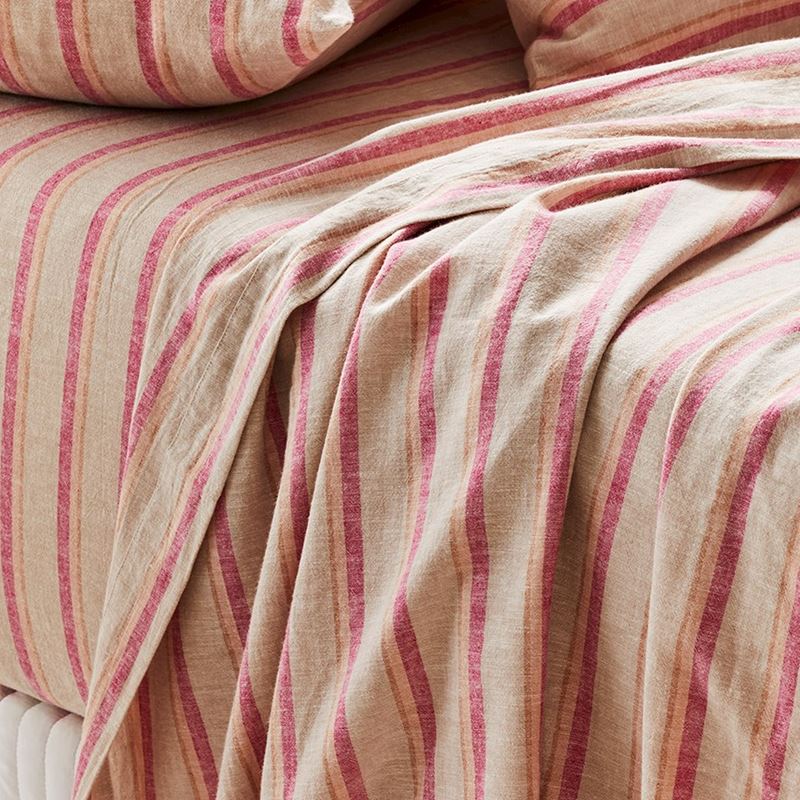 Vintage Washed Linen Cotton Raspberry Stripe Sheet Set