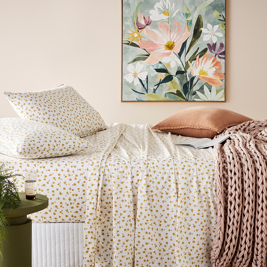 Stonewashed Cotton Printed Mustard Floral Sheet Sets Adairs