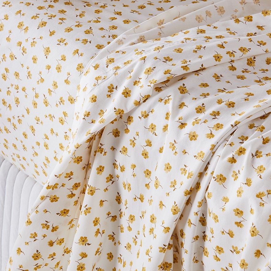 Stonewashed Cotton Printed Mustard Floral Sheet Sets Adairs