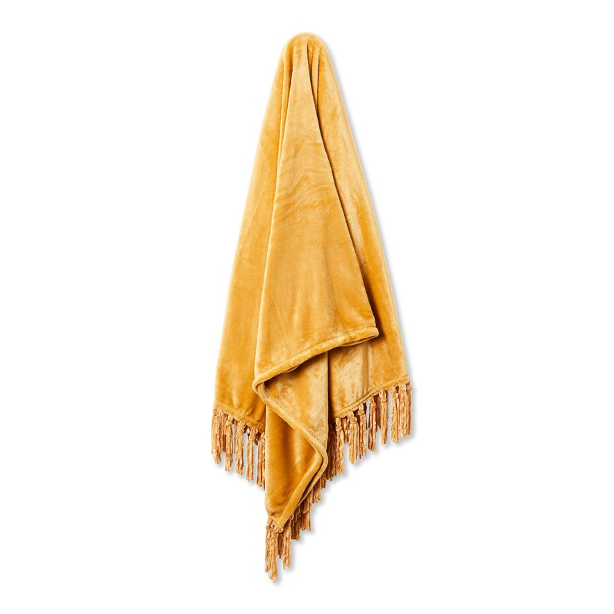 OLT Aspen Fleece Tassel Throw W20 130x170cm Mustard Adairs