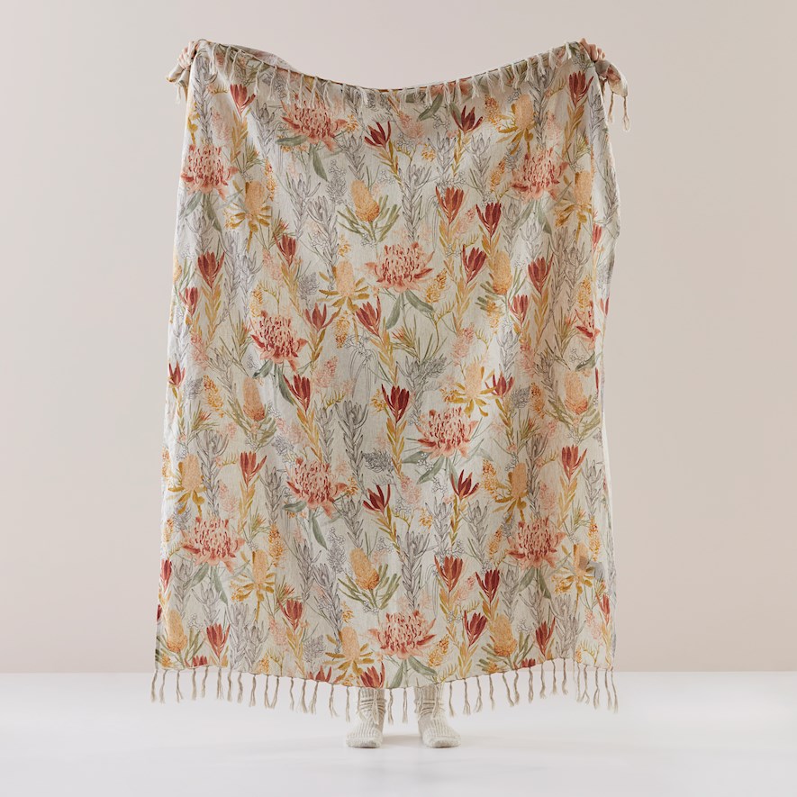 Waratah Floral Rust Linen Throw Adairs