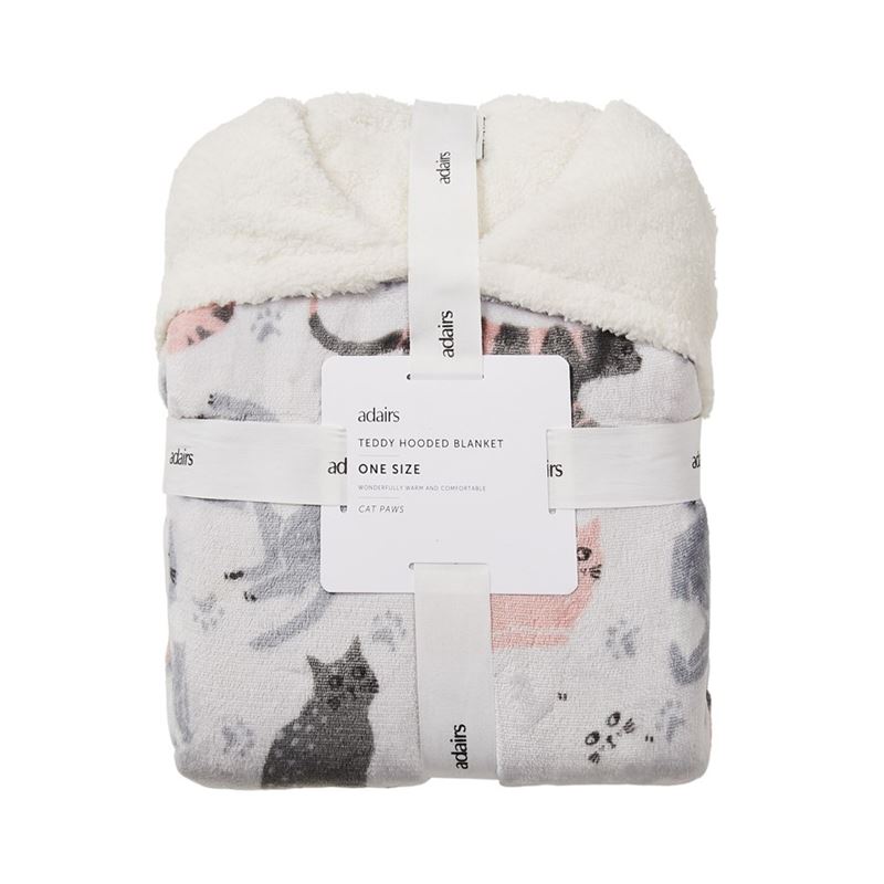 Teddy Soft Grey Multi Cat Paws Hooded Blanket