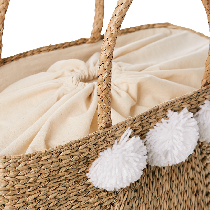Basket bag sales with pom poms