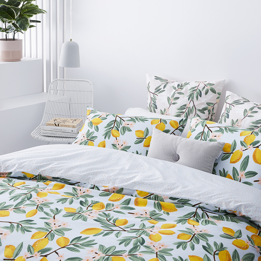 Lisbon Lemon Print Blue Quilt Cover Set | Adairs