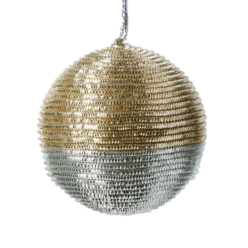 Striped Silver & Champagne Thin Tinsel Bauble